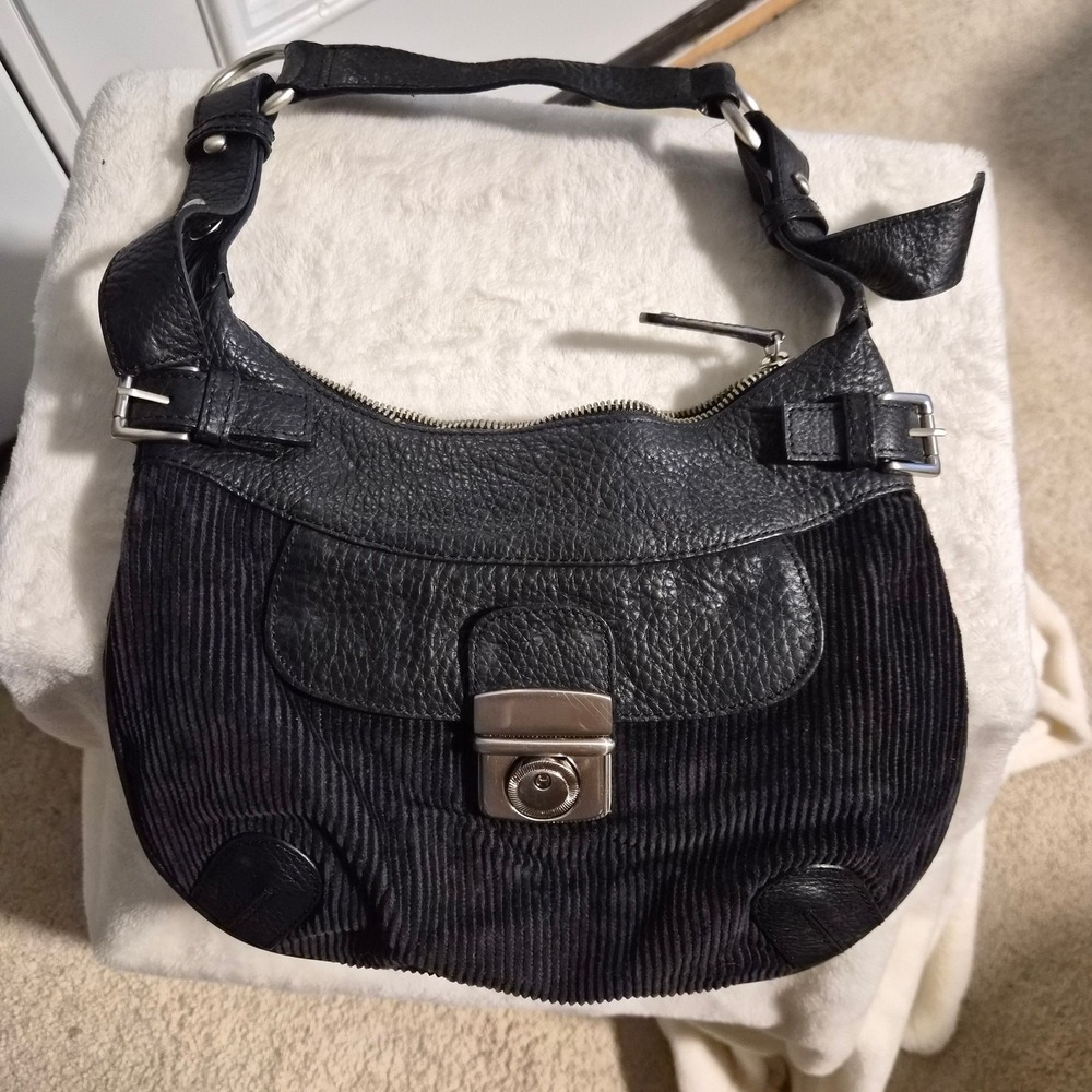 Nicole Miller Collection Black Pebbled Leather and Corduroy Hobo Shoulder Bag